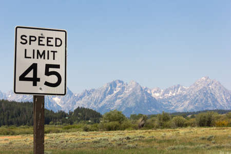 Traffic sign from United States with Speed Limit Forty five. Speed restriction shield in front of...