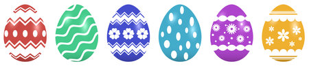 Easter egg vector set. Colored eggs with different pattern on white isolated background. Six Happy Easter eggs in red, green, blue, cyan, magenta, yellow.のイラスト素材