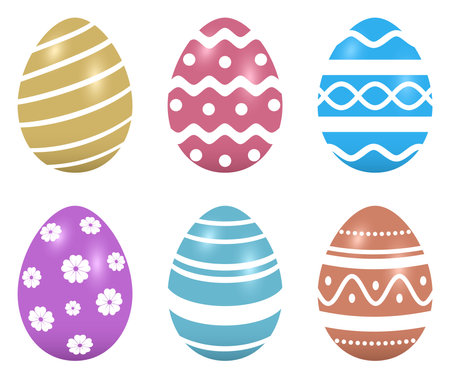 Easter egg vector set. Colored eggs with different pattern on white isolated background. Six Happy Easter eggs in gold, red, blue, violet, cyan, brown.のイラスト素材