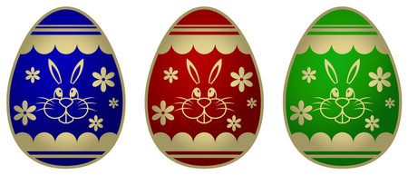 Easter egg vector set. Gold framed eggs with different colors on white isolated background. Three Happy Easter eggs in gold, red, green, blue. Pattern with ornaments, flower, bunny.のイラスト素材