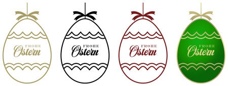 Happy Easter Egg vector set. Outline eggs with gift ribbon and german greeting. White isolated background. Translation: Happy Easter is Happy Easter.のイラスト素材