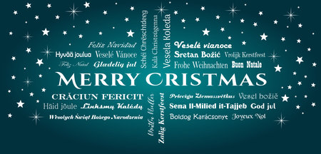 Merry Christmas vector lettering. In all European Union languages with white stars. Green back. All Text in different languages are meaning Merry Christmas in English.のイラスト素材