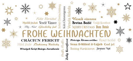 Merry Christmas vector lettering. European Union languages with stars and snowflakes in black and gold. White back. German Merry Christmas and Other text is Merry Christmas.のイラスト素材