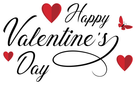 Happy Valentines Day Vector lettering with red Heart and Butterfly. White back. Typography ornament for background, poster, invitation, calendar, greeting cards etc.のイラスト素材