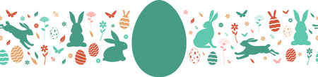 Easter ornament seamless vector. White isolated background. Easter Symbol Ornament with Easter bunny, Easter egg, flowers, bee, leaves and butterfly. Endlessly join together possibleのイラスト素材