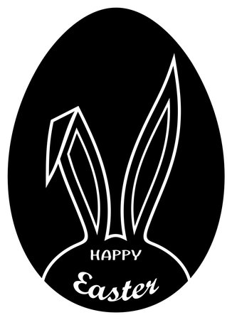 Happy Easter lettering vector with Easter egg in black. Isolated background. Easter greeting ornament with bunny ear.のイラスト素材