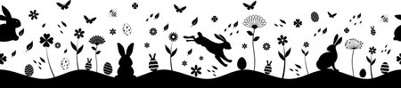 Easter silhouette seamless vector in black. Isolated background. Endless join together possible, left and right side.のイラスト素材