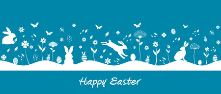 Symbol Ornament with Easter bunny, Easter egg, flowers, grass, bee and butterfly. Single or seamless useable on left and right side.のイラスト素材