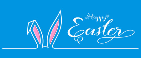 Easter Bunny Ear vector with Happy Easter greeting. Blue background. Easter Symbol Ornament in white, pink and blue.のイラスト素材