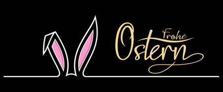 Easter Bunny Ear vector with Happy Easter greeting in German language. Black background. Easter Symbol Ornament in white, pink, gold and black.のイラスト素材