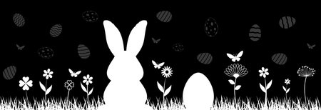 Easter Silhouette vector in black. Easter Symbol Ornament with bunny, Easter egg, flowers, grass and butterfly.のイラスト素材