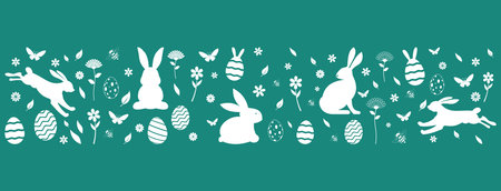 Easter ornament vector in white and turquoise blue. Easter Symbol Ornament with Easter bunny, Easter egg, flowers, bee, leaves and butterfly.のイラスト素材