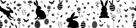 Easter silhouette seamless vector in black. Easter Symbol Ornament with bunny, Easter egg, flowers, bee and butterfly. Endless join together possible, left and right side.のイラスト素材