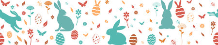Easter silhouette seamless vector in different colors. Easter Symbol Ornament with bunny, Easter egg, flowers, bee and butterfly. Endless join together possible, left and right.のイラスト素材