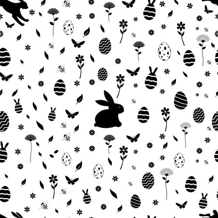 Easter silhouette seamless vector in black. Easter Symbol Ornament with Easter bunny, Easter egg, flowers, bee and butterfly. Endless join together possible on all four sides.のイラスト素材
