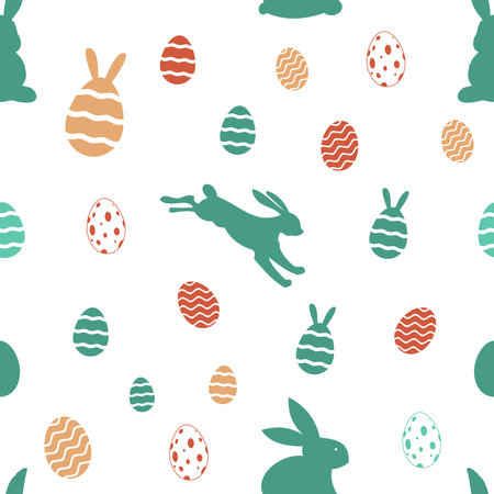 Easter silhouette seamless vector in different colors. Isolated background. Easter Symbol Ornament with Easter bunny and Easter egg. Endless join together on all four sides.のイラスト素材