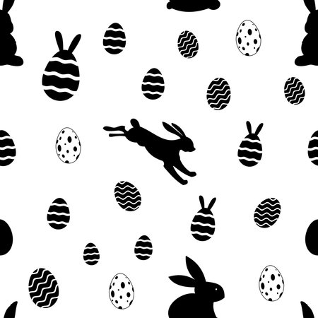 Easter silhouette seamless vector in black. Isolated background. Easter Symbol Ornament with Easter bunny and Easter egg. Endless join together possible on all four sides.のイラスト素材