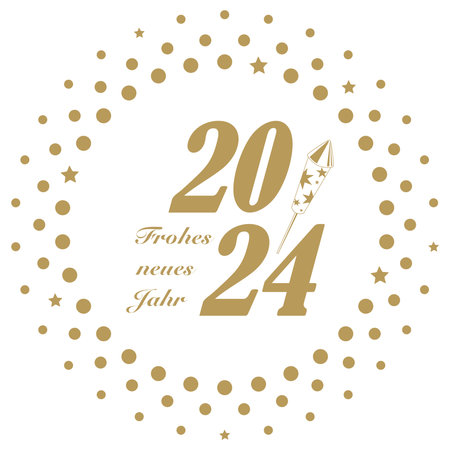 New Year 2024 german greetings vector. Abstract firework and stars. Isolated background. Translation German to English: Happy New Year is Happy New Year.のイラスト素材