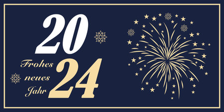Translation German to English: Happy New Year is Happy New Year. New Year 2024 german greetings vector. Fireworks and stars. Blue background.のイラスト素材