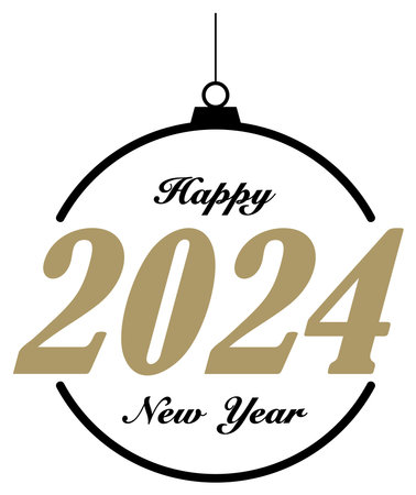 Happy New Year 2024 greetings vector in gold and black. Abstract Christmas bauble. Isolated background.のイラスト素材