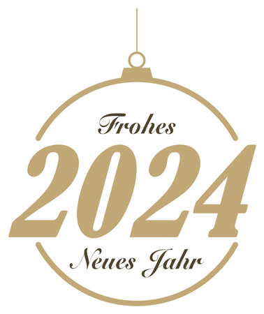Happy New Year 2024 greetings vector in german language. Abstract Christmas bauble in gold and black. Isolated background. Happy New Year is Happy New Year in English.のイラスト素材