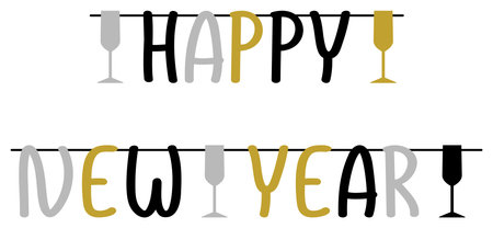 Happy New Year. Gold, Silver and Black calligraphic lettering. Isolated back. Abstract New Year Greetings with Champagne glass as vector ornament.のイラスト素材