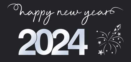 New Year 2024 greetings vector. Abstract Fireworks. Isolated background. New Year eve Ornament in white, black and blue for background, wall paper, invitation, greeting card.のイラスト素材