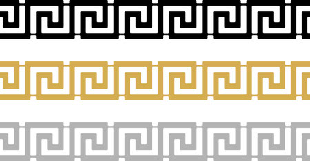 Seamless meander or maze border vector in black, gold and silver. Isolated background. Simple antique labyrinth pattern perfect for backgrounds, illustrations, fashion, sew.のイラスト素材