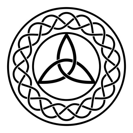 Ring with Celtic trinity knot in black on isolated white background. Abstract Middle Age illustration of a celtic symbol rounded with a Celtic chain.のイラスト素材