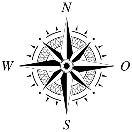 Compass rose vector with wind direction and German east description. Marine, nautical or trekking navigation symbol or for including in a map. Abstract arranged design.のイラスト素材