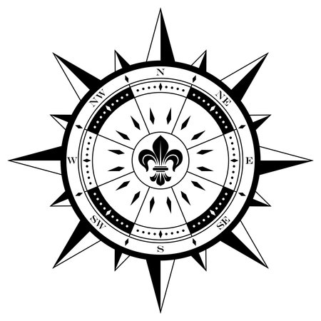 Compass rose vector with eight wind directions. Wind Rose with Lily Symbol in the Middle. Marine, nautical or trekking navigation symbol or for including in a map.のイラスト素材