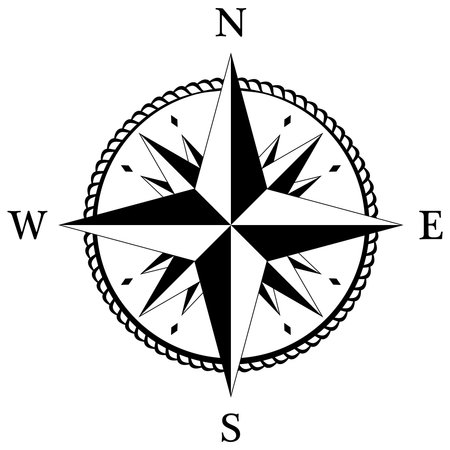 Compass rose vector with four wind directions. Wind Rose with abstract cord frame and sixteen spike wind rose. Marine, nautical or trekking navigation symbol.のイラスト素材
