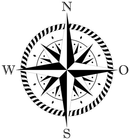 Compass rose vector with four wind directions and German East Description. With cord frame in black and white. Eight spike wind rose. Marine, nautical or trekking navigation symbolのイラスト素材