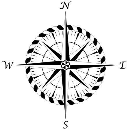 Compass rose vector with four wind directions and cord frame in black and white. Eight spike wind rose. Marine, nautical or trekking navigation symbol or for including in a map.のイラスト素材