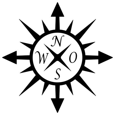 Compass rose abstract vector with four directions and German east description. Wind rose in black and gray. Marine, nautical or trekking navigation symbol.のイラスト素材
