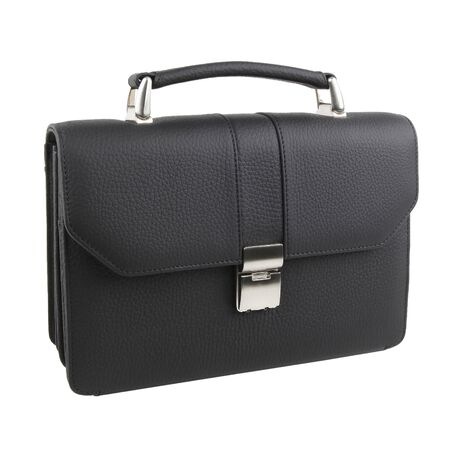 New fashion male business bag or briefcase in black leather. Without shadows. Isolated on white backgroundの写真素材