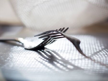 Close-up view of two forks making love on light mesh shadow background. Shallow depth of focus