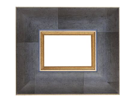 Empty gray blue wooden frame for paintings with gold patina. 
Isolated on white backgroundの写真素材