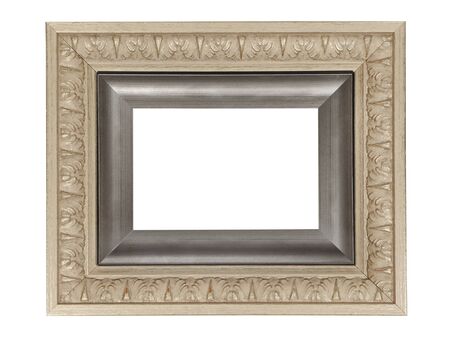 Empty beige silver wooden frame for paintings with gold patina. Isolated on white background