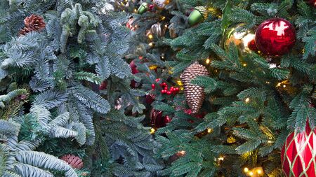Christmas balls on fir branches in winter. New Year decorations and festive lights on a city street,...