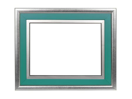 Empty green silver wooden frame for paintings or photo. Isolated on white background