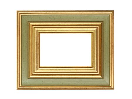 Empty green golden wooden frame for paintings. Isolated on white backgroundの写真素材