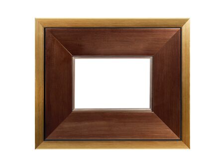 Empty brown gold wooden frame for paintings. Isolated on white background