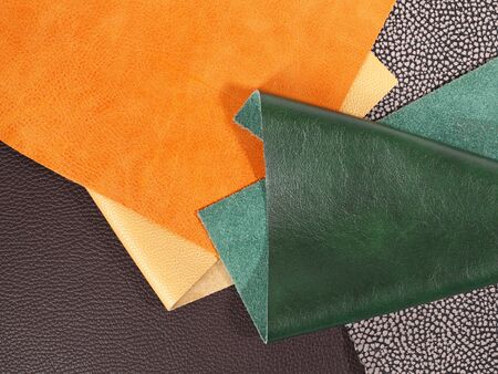 Different bright colors natural leather textures samples