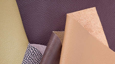 Different colors natural leather textures samples. Close-up shotの写真素材