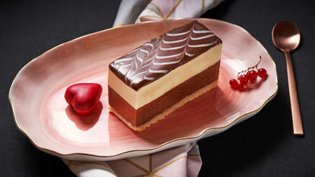 Piece of cake covered with chocolate frosting with cranberries on pink plate