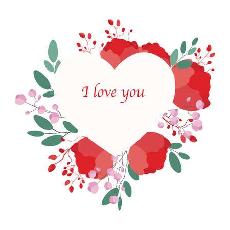 Heart with pink and red flowers on whiteのイラスト素材