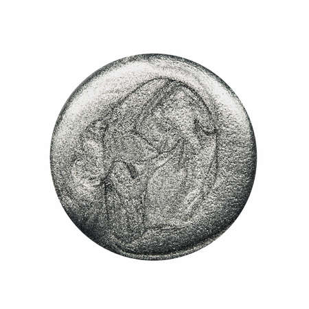 Blot of silver circle shaped nail polish isolated on white background. Photo. Top viewの写真素材