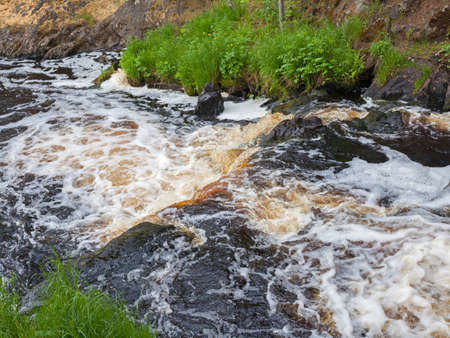 Summer view of river water and banks in Kareliaの写真素材