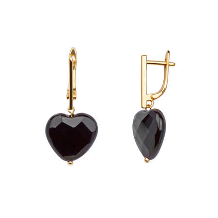 Pair of black heart shaped agate earrings isolated on white background. close-up shotの写真素材